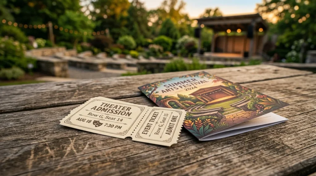 Un billet de théâtre et un programme du festival posés sur une table en bois.