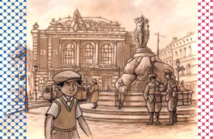 Illustration d'un jeune garçon inquiet devant une place de ville occupée par des soldats nazis.