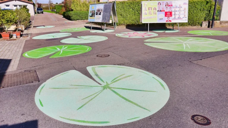 Des peintures colorées au sol et des panneaux d'information illustrent un projet de transformation de quartier à Nancy.
