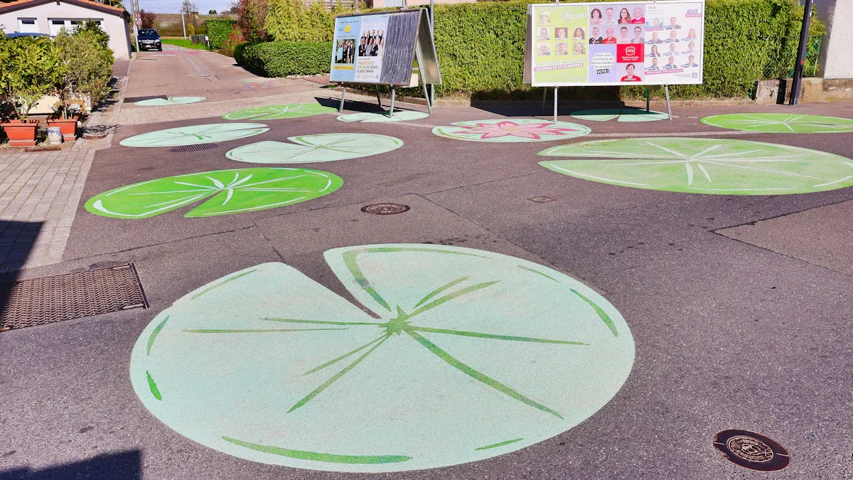 Des peintures colorées au sol et des panneaux d'information illustrent un projet de transformation de quartier à Nancy.