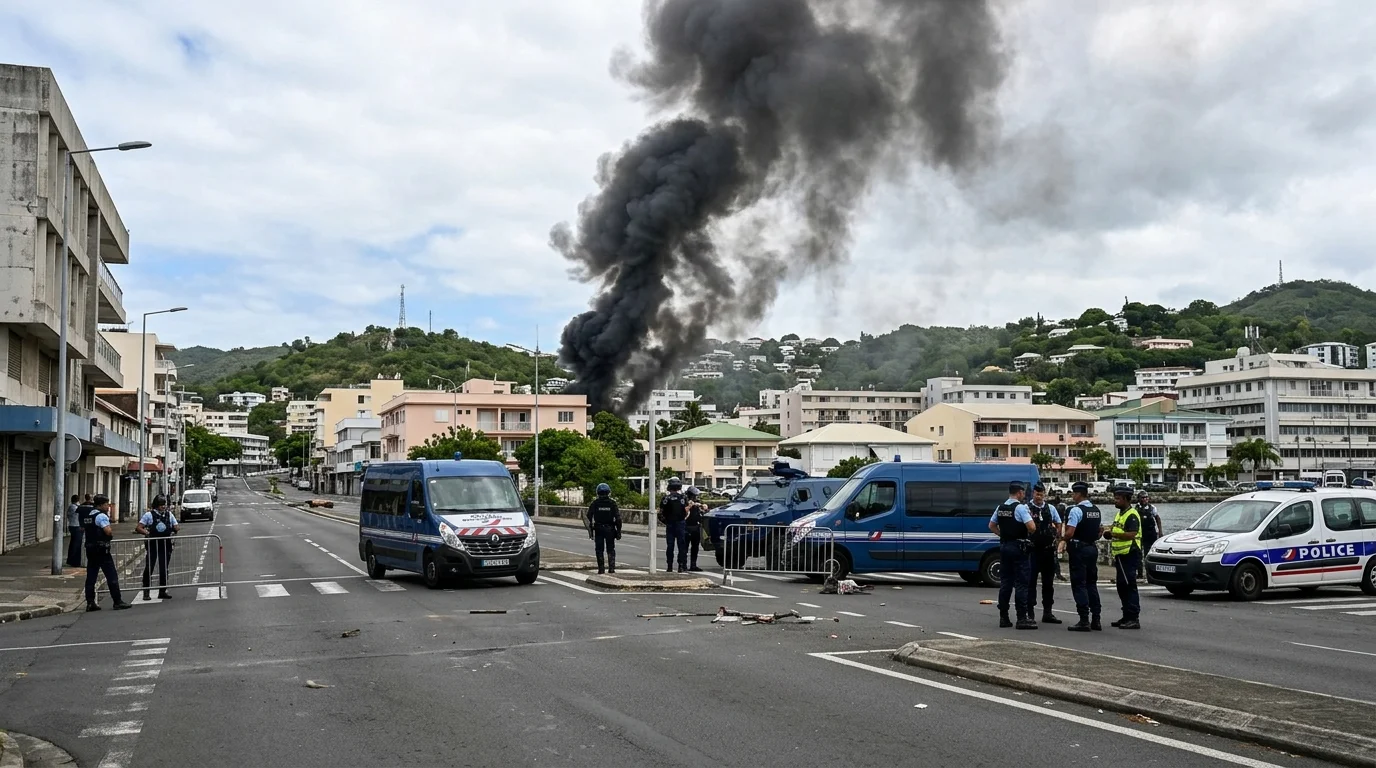 Gendarmes et policiers surveillent une épaisse colonne de fumée noire s'élevant d'une zone urbaine.