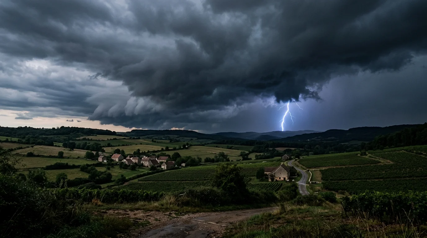 Un éclair illumine un paysage rural sous d'épais nuages d'orage sombres et menaçants.