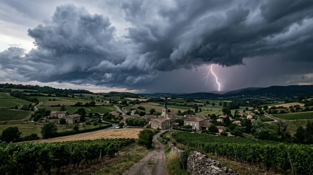 Éclair frappant les collines au-dessus d'un petit village entouré de vignobles sous un ciel d'orage.