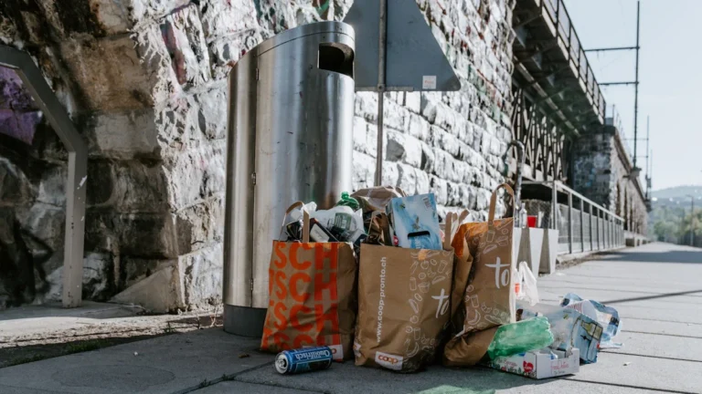 Sacs de déchets nomades entassés près d'une poubelle de rue à Orléans.