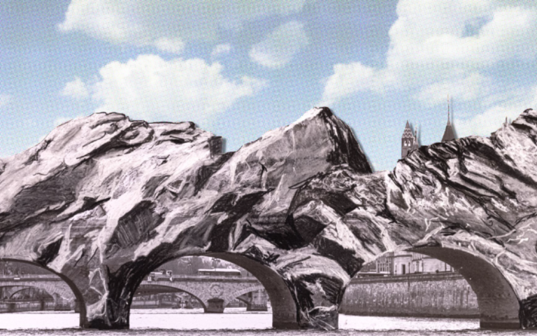 Montage artistique d'un pont en pierre surmonté d'une montagne dessinée sous un ciel bleu nuageux.