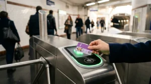 Une main valide un pass Navigo violet sur un lecteur de tourniquet de métro parisien.