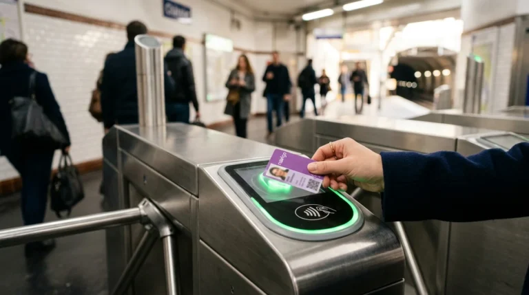 Une main valide un pass Navigo violet sur un lecteur de tourniquet de métro parisien.