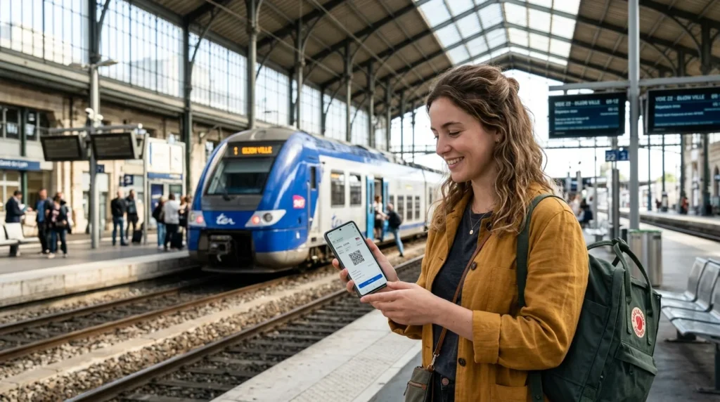 Une voyageuse tient son téléphone affichant un billet numérique devant un train TER à quai.