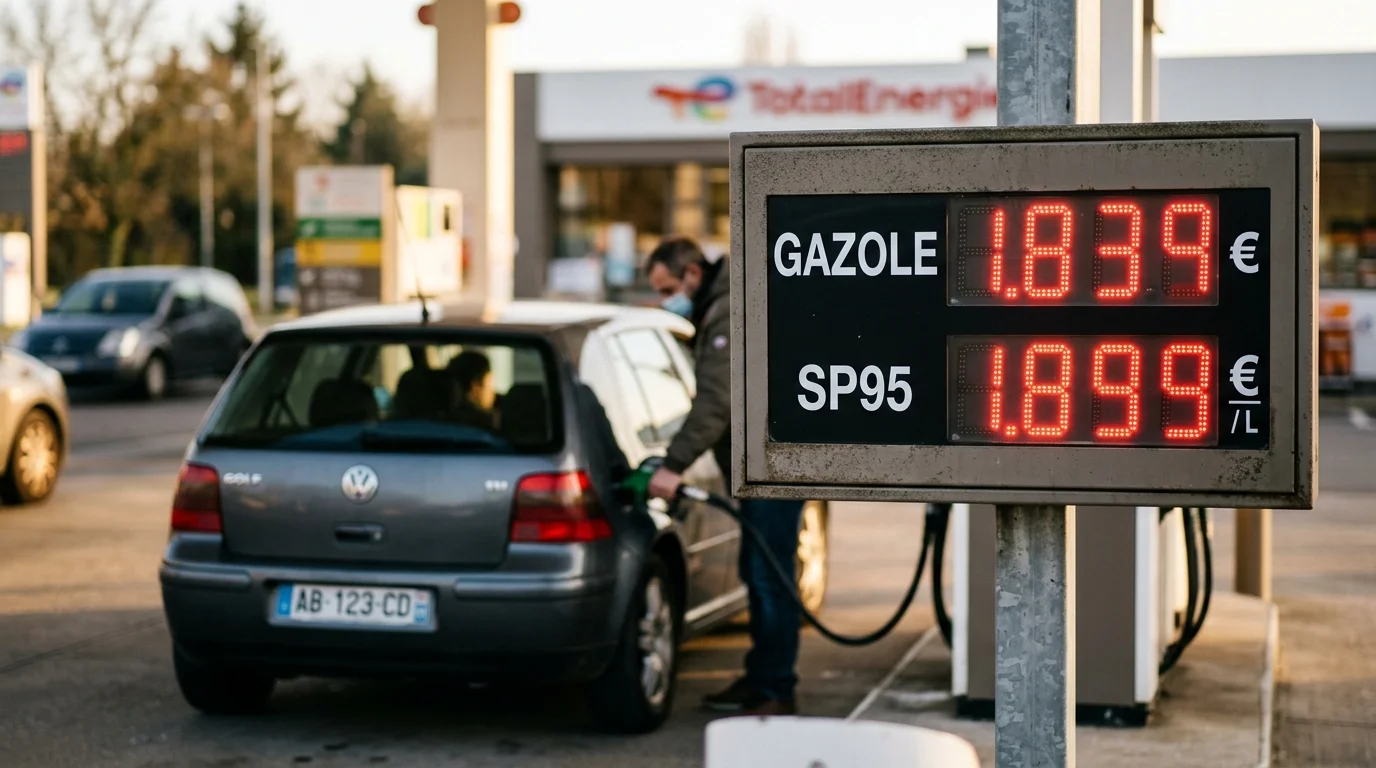 Panneau numérique de prix du carburant affichant le gazole et le SP95 dans une station-service.