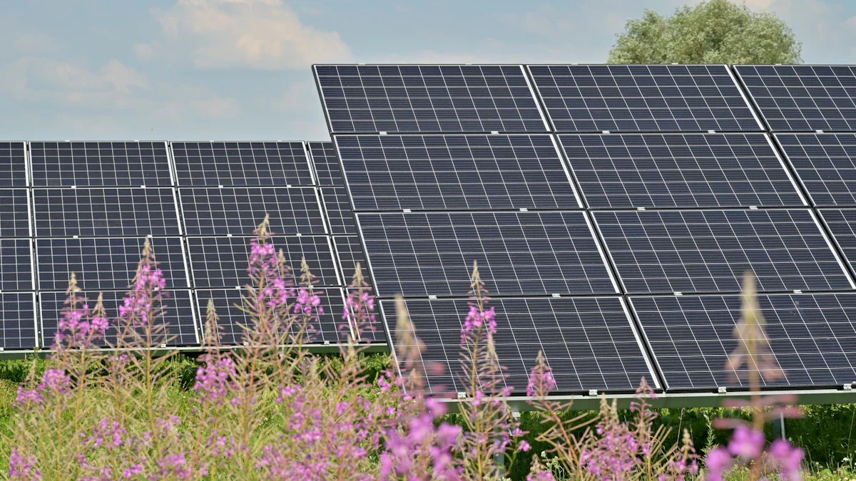 Panneaux solaires installés dans un champ de fleurs sauvages mauves sous un ciel d'été clair.