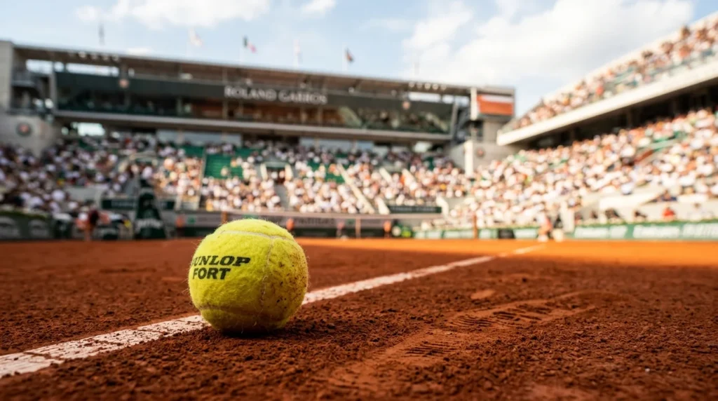 Balle de tennis Dunlop sur terre battue devant les tribunes bondées du stade Roland-Garros.