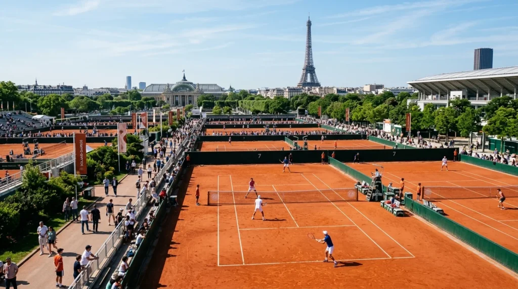 Plusieurs terrains de tennis en terre battue à Paris avec la tour Eiffel en arrière-plan.