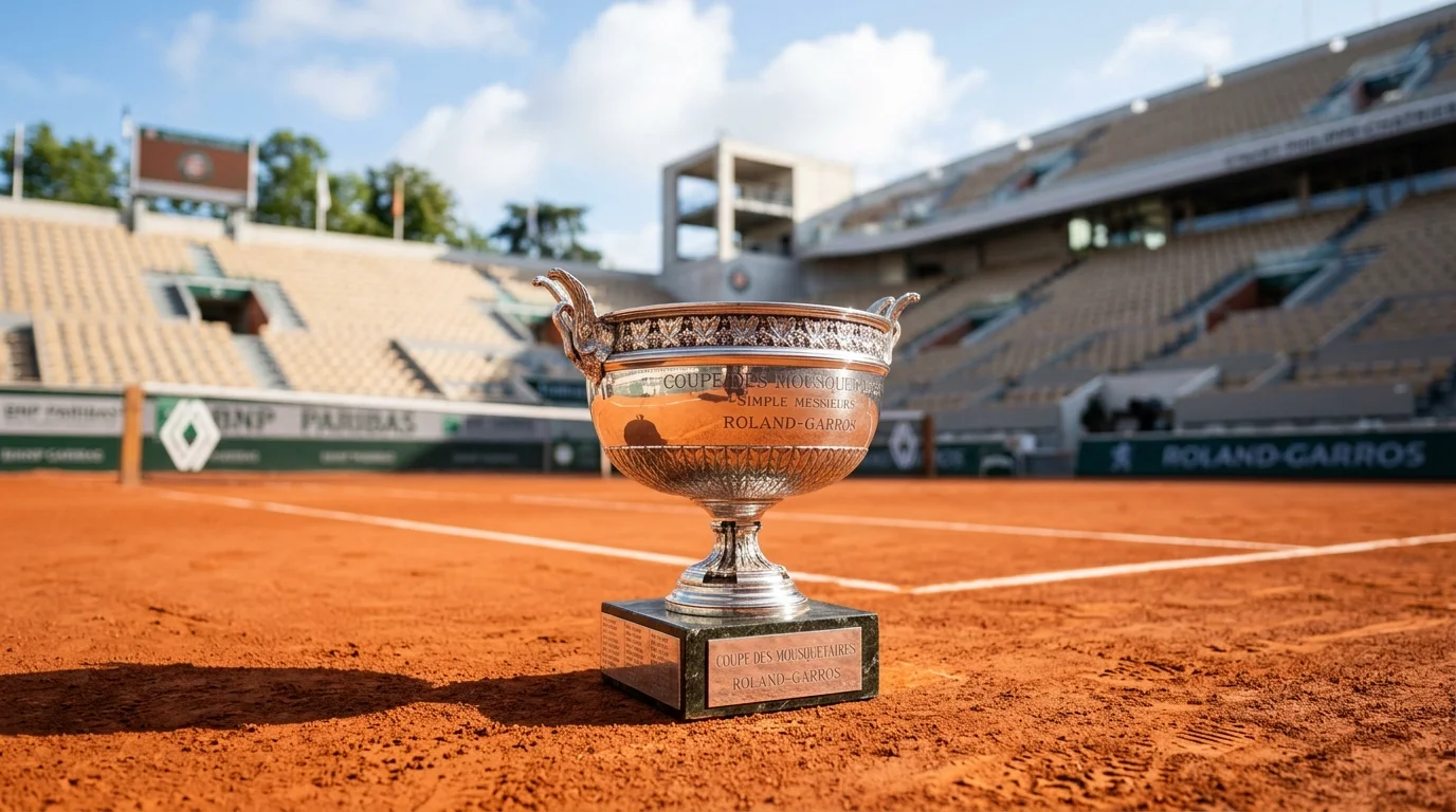 La Coupe des Mousquetaires en argent posée sur la terre battue du court de Roland-Garros.