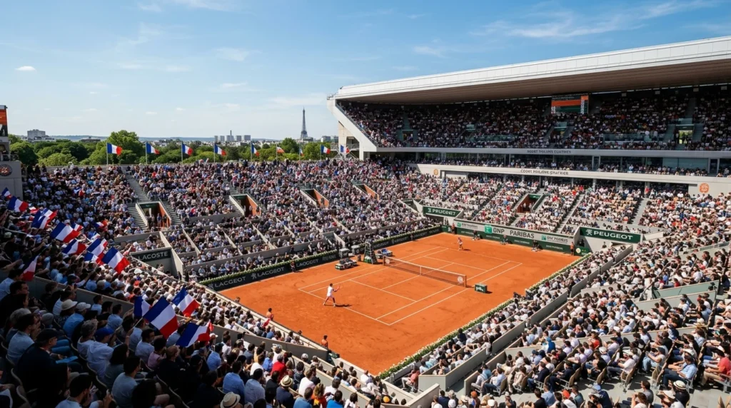 Vue d'un court de tennis en terre battue bondé avec la tour Eiffel en arrière-plan.