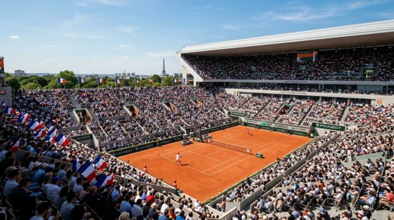 Vue d'un court de tennis en terre battue bondé avec la tour Eiffel en arrière-plan.