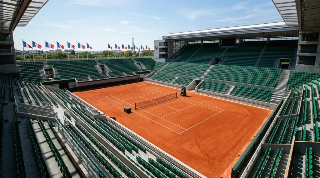 Court de tennis en terre battue vide entouré de gradins verts sous un ciel bleu dégagé.