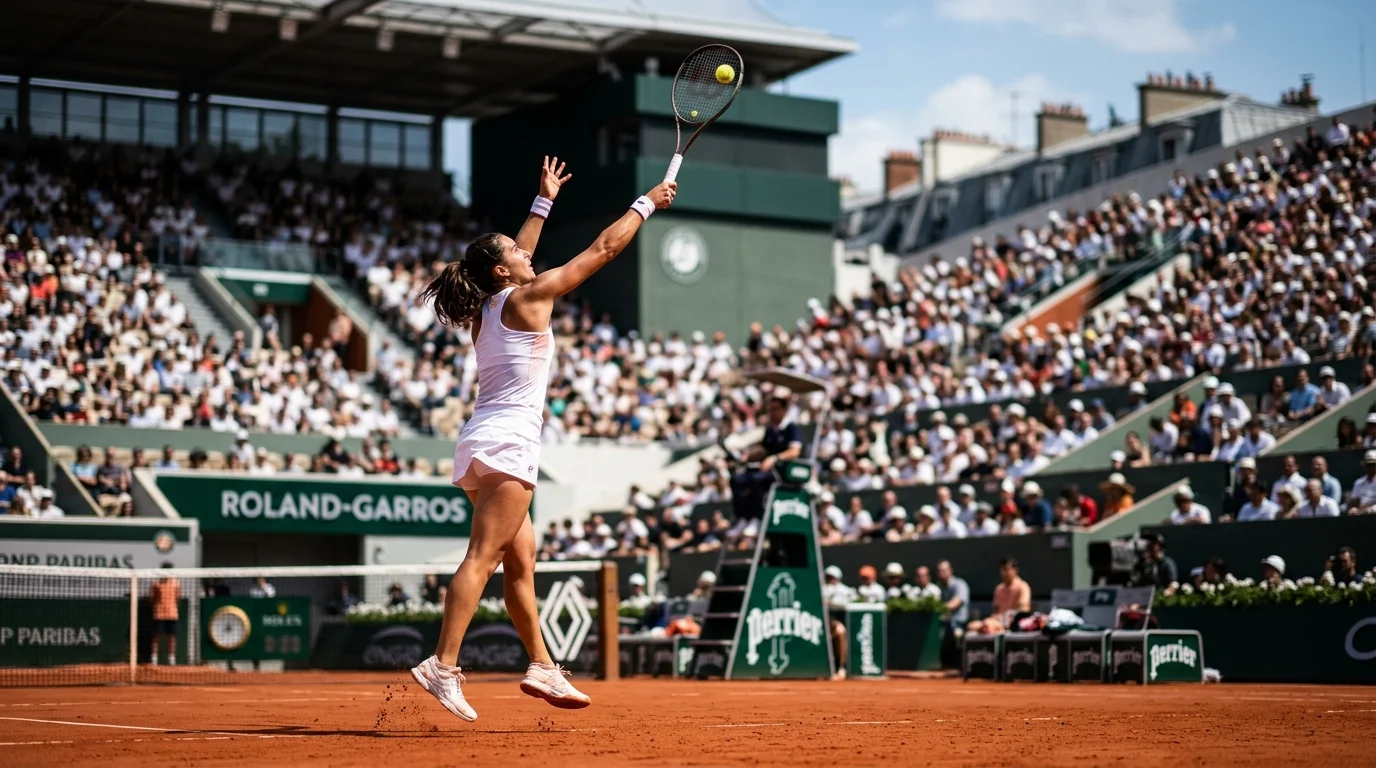 Une joueuse de tennis effectue un service sur le court en terre battue de Roland-Garros.
