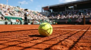 Une balle de tennis jaune marquée Roland-Garros posée sur la terre battue d'un court ensoleillé.