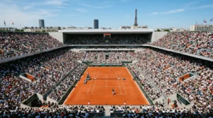 Stade de tennis bondé avec match sur terre battue et Tour Eiffel en arrière-plan.