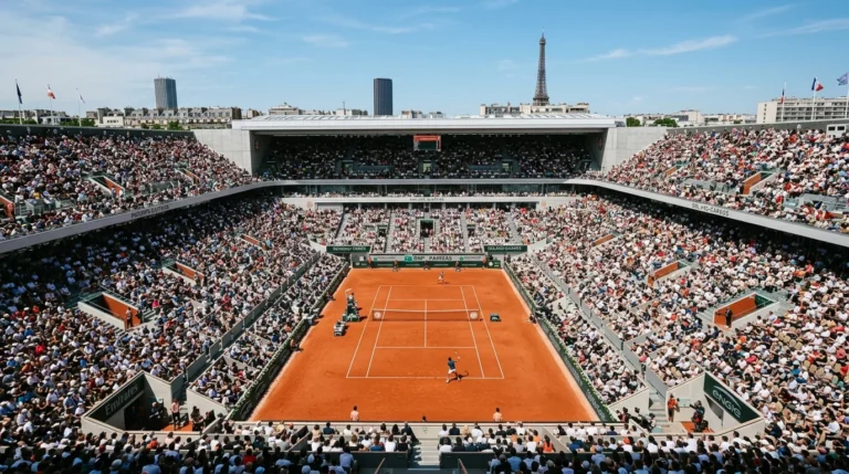 Stade de tennis bondé avec match sur terre battue et Tour Eiffel en arrière-plan.