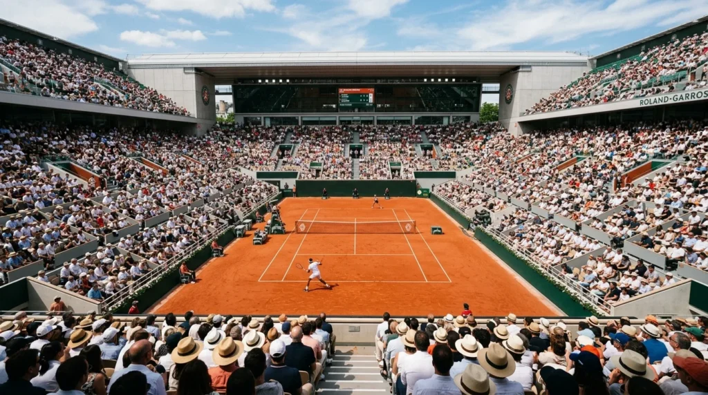 Match de tennis sur terre battue à Roland-Garros devant une foule nombreuse portant des chapeaux.