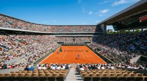 Vue plongeante d'un match de tennis sur terre battue dans un grand stade bondé.