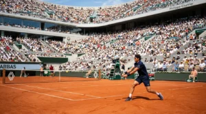 Un joueur de tennis en tenue bleue effectue un revers sur le court de Roland-Garros.