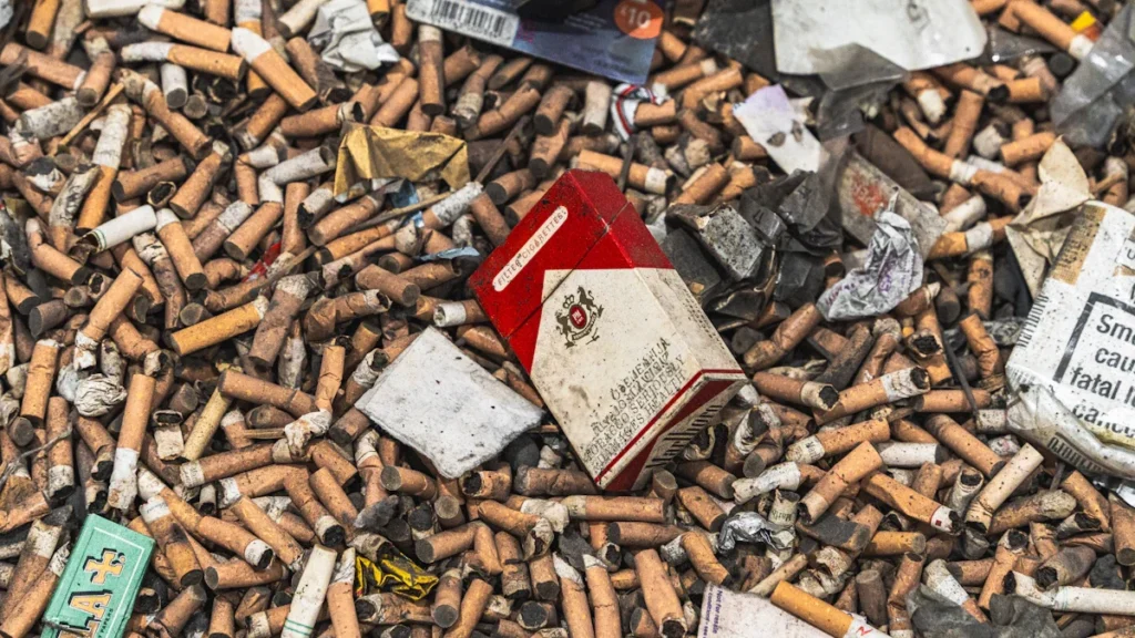 Une pile impressionnante de centaines de mégots de cigarettes usagés et de paquets froissés.