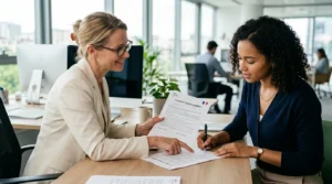 Femme montrant un contrat d'engagement à une jeune femme s'apprêtant à signer dans un bureau.