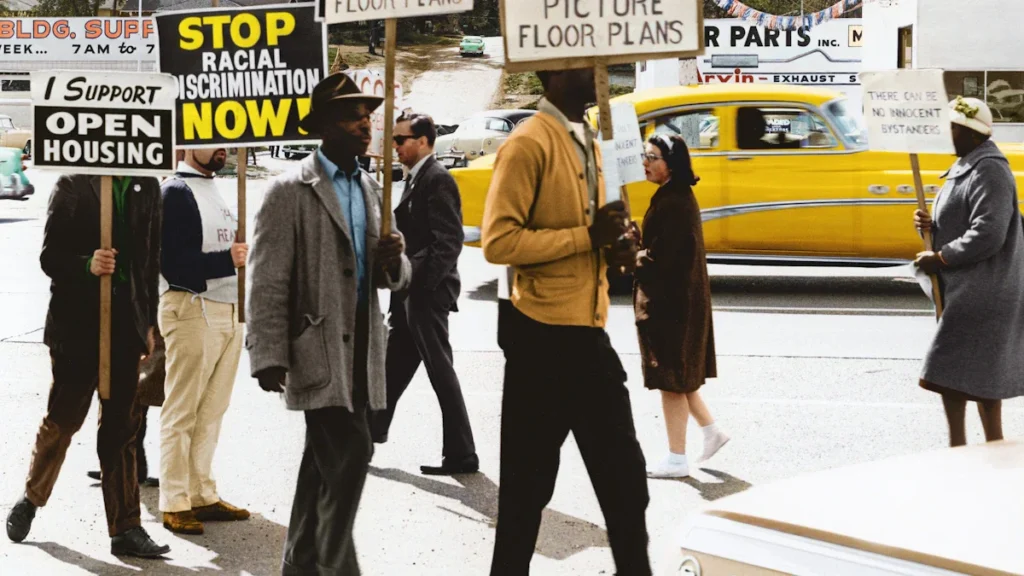 Manifestants portant des pancartes réclamant le droit au logement et la fin de la discrimination raciale.