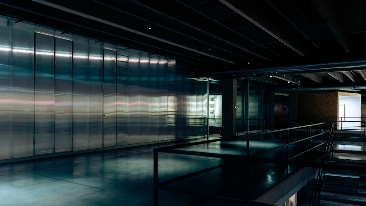 Intérieur d'un espace d'exposition moderne avec des parois métalliques évoquant un futur industriel à Saint-Étienne.