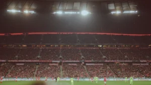 Une tribune comble vibrant au rythme d'un match de football nocturne, illustrant la ferveur retrouvée des supporters.