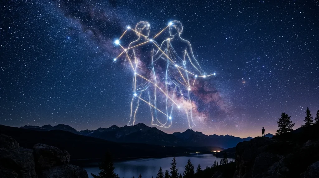 Illustration de la constellation des Gémeaux dans un ciel étoilé au-dessus de montagnes.