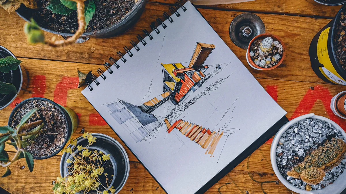 Carnet à croquis ouvert sur une table en bois montrant un dessin d'architecture coloré entouré de plantes.