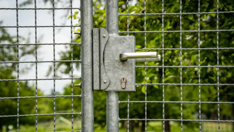 Une grille métallique fermée à l'entrée d'un espace vert.