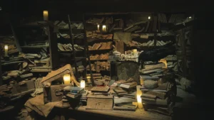Une ancienne bibliothèque obscure remplie de livres rares et de manuscrits anciens éclairés à la bougie à Aix-en-Provence.