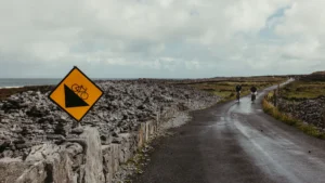 Un panneau de signalisation routière pour cyclistes sur une route isolée longeant la mer.