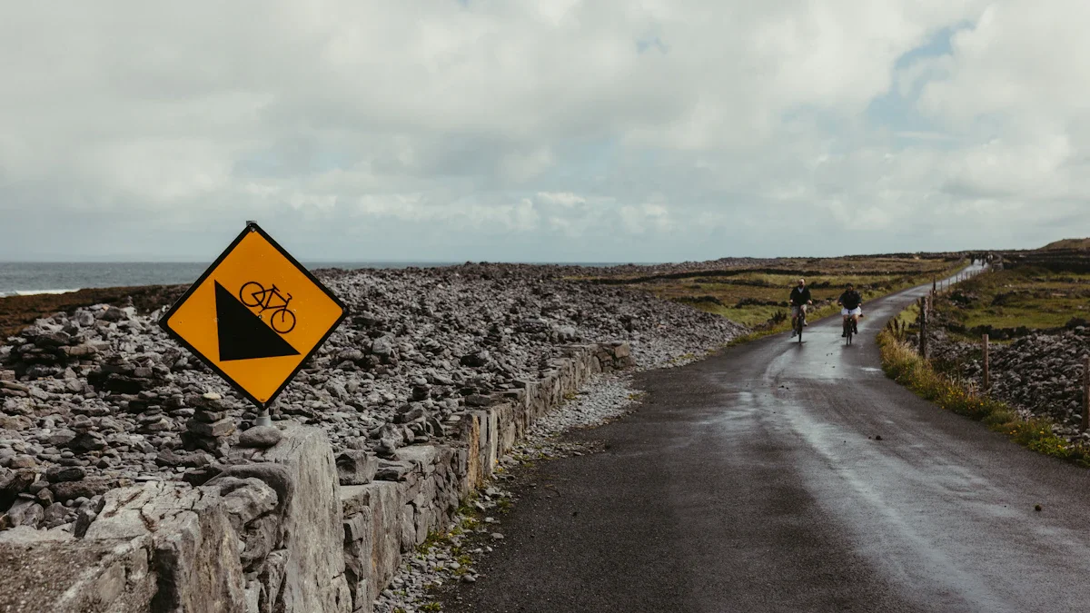 Un panneau de signalisation routière pour cyclistes sur une route isolée longeant la mer.