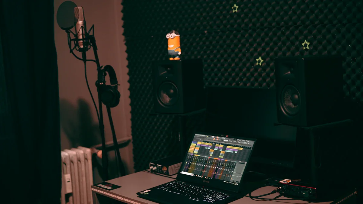 Un équipement de studio d'enregistrement mobile comprenant un ordinateur portable avec un logiciel de mixage, des enceintes et un microphone.