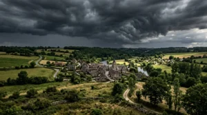 Petit village en pierre niché dans des collines vertes sous un ciel sombre et orageux.