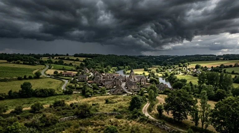 Petit village en pierre niché dans des collines vertes sous un ciel sombre et orageux.