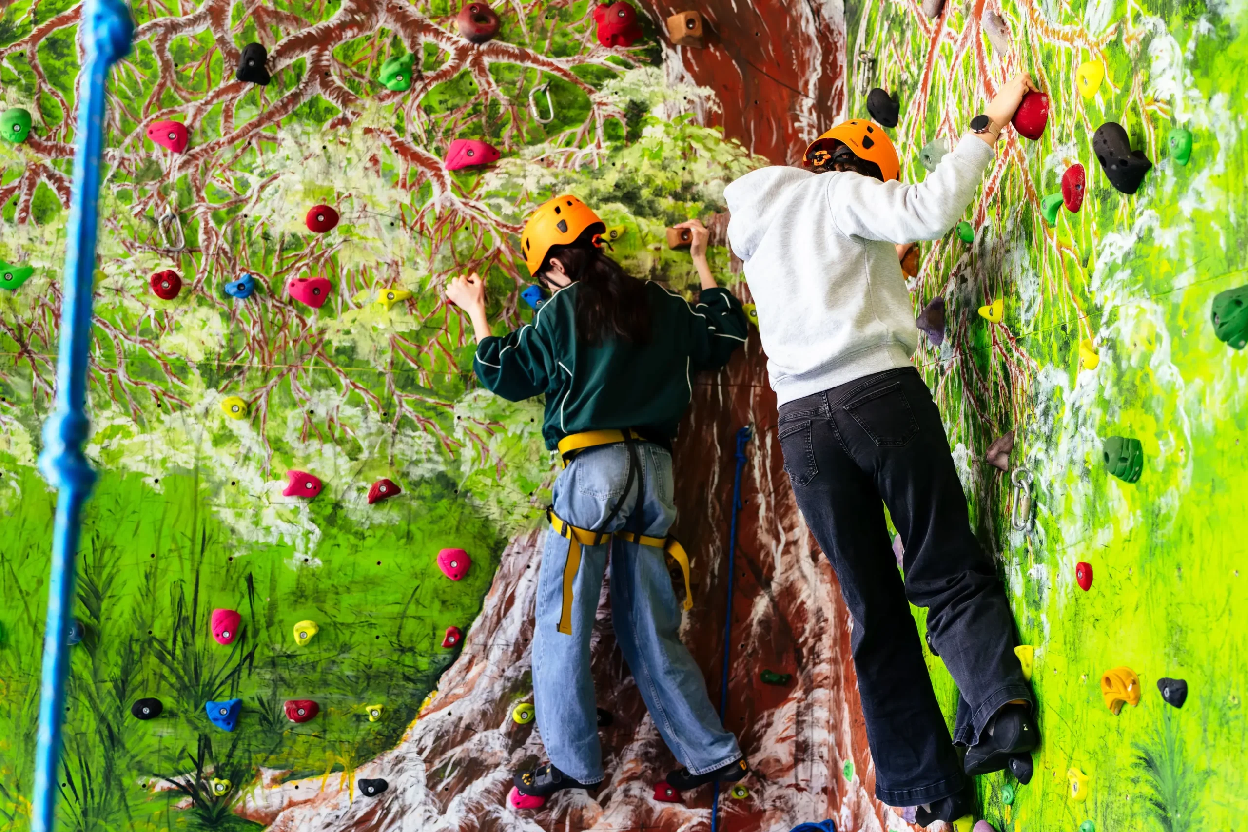 Deux jeunes portant des casques oranges grimpent un mur d'escalade décoré d'une peinture d'arbre.