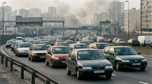 Embouteillage dense de voitures anciennes sur le périphérique parisien sous un ciel gris et pollué.