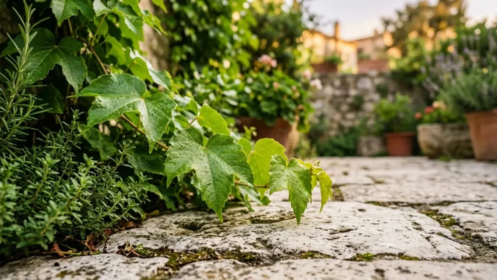 Gros plan sur des feuilles de vigne vertes sur un sol en pierre ancien.