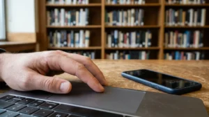 Une main posée sur le pavé tactile d'un ordinateur portable dans une bibliothèque.