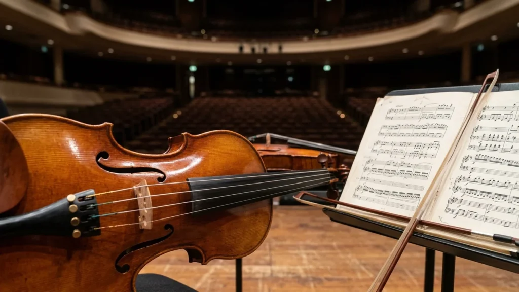 Un violon en bois posé devant une partition musicale dans une salle de concert vide.