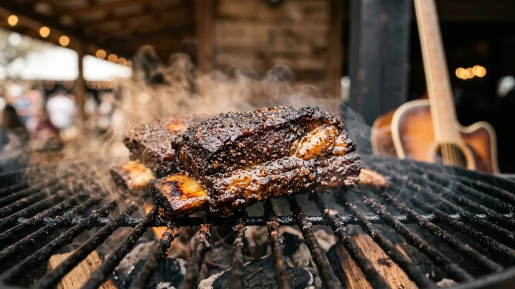 Des côtes de bœuf fumantes grillent sur un barbecue avec une guitare en arrière-plan.