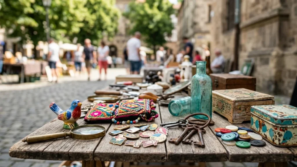 Objets anciens disposés sur une table en bois lors d'un marché aux puces extérieur.