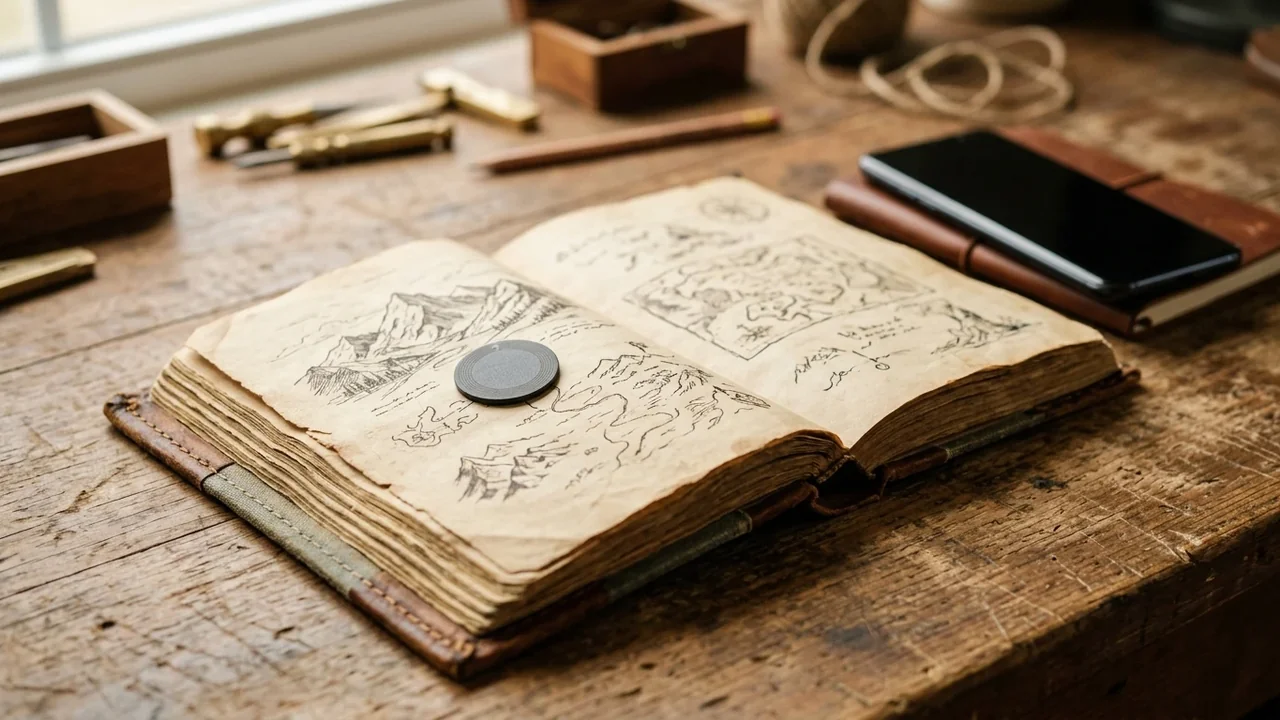 Un vieux livre ouvert sur une table en bois avec une carte illustrée tracée