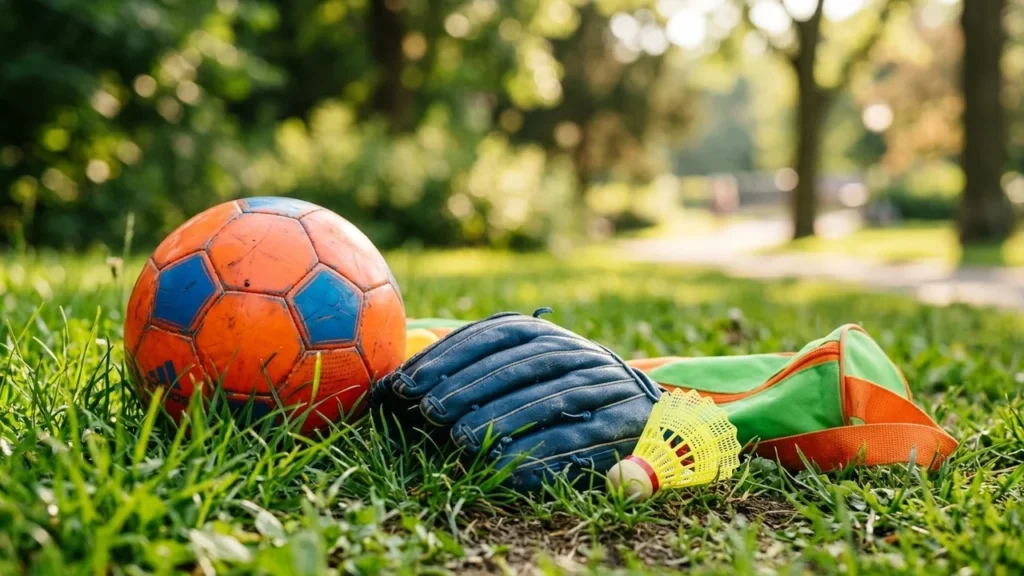 Un ballon de football orange, un gant de baseball et un volant sur l'herbe.